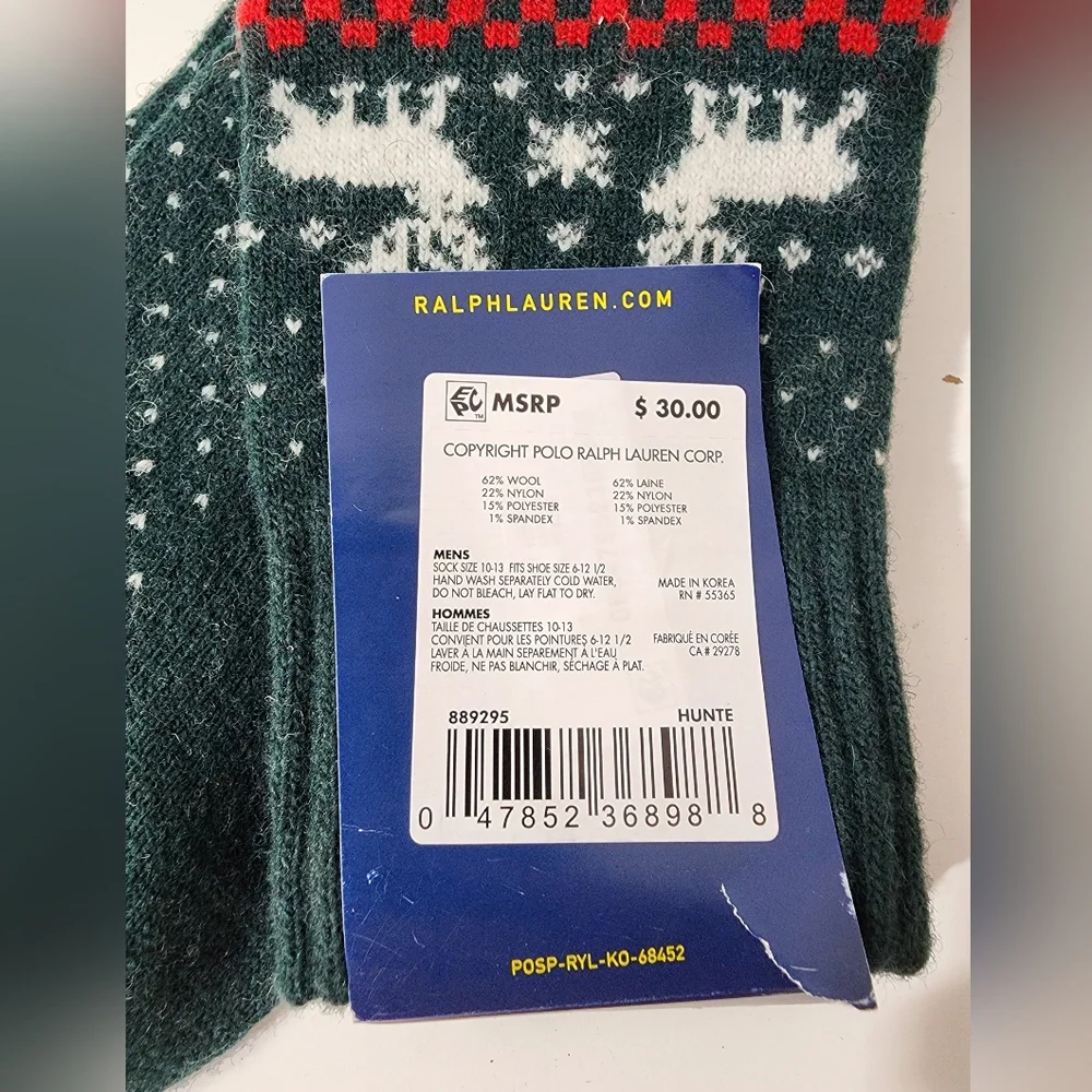 Polo Ralph Lauren Men's Wool Blend Casual Crew Socks Green Moose Sz 6-12.5